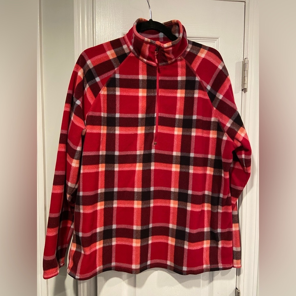 Eddie Bauer Size XXL Pink Plaid Long Sleeve Quarter Zip Pullover Fleece Jacket